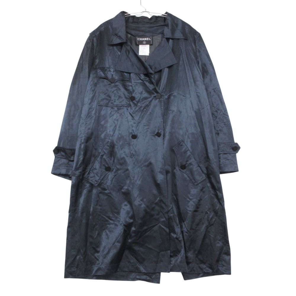 Chanel Trench Coat Vintage Silk Blend CC Logo Button Cotton Double Navy