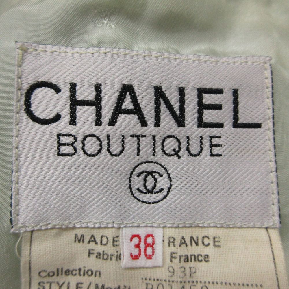 Chanel Set Vintage Tweed Suit with Ribbon CC Logo Button Jacket Skirt Green — view 7