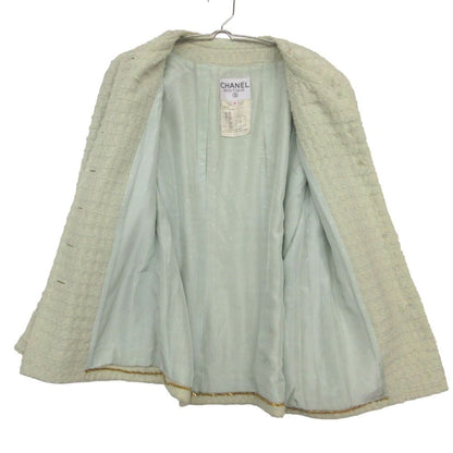 Chanel Set Vintage Tweed Suit with Ribbon CC Logo Button Jacket Skirt Green — view 6