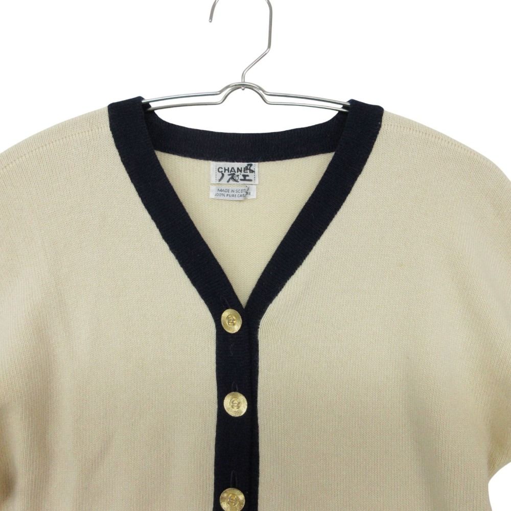 Chanel Cardigan 100% Pure Cashmere Bicolor Long Knit Neck Gold Button CC Logo — view 3