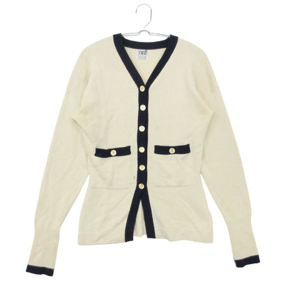 Chanel Cardigan 100% Pure Cashmere Bicolor Long Knit Neck Gold Button CC Logo