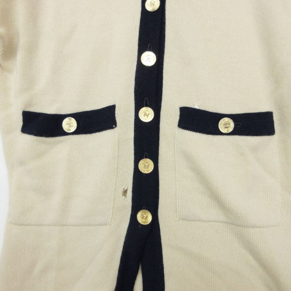 Chanel Cardigan 100% Pure Cashmere Bicolor Long Knit Neck Gold Button CC Logo — view 4