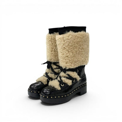 Chanel Boots Long Shoes Shearling Leather Black Beige CC Logo Processing Middle