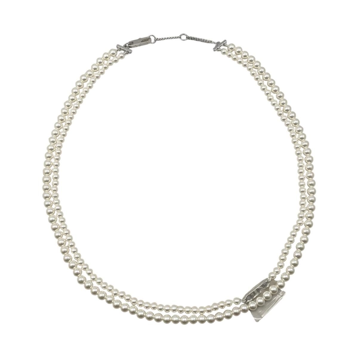 Celine Necklace Pearl Logo White Silver