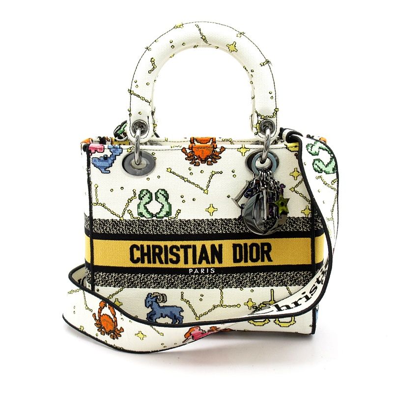 Dior Lady Dior D-Lite Lucky Motif Canvas Tote Bag White Multi