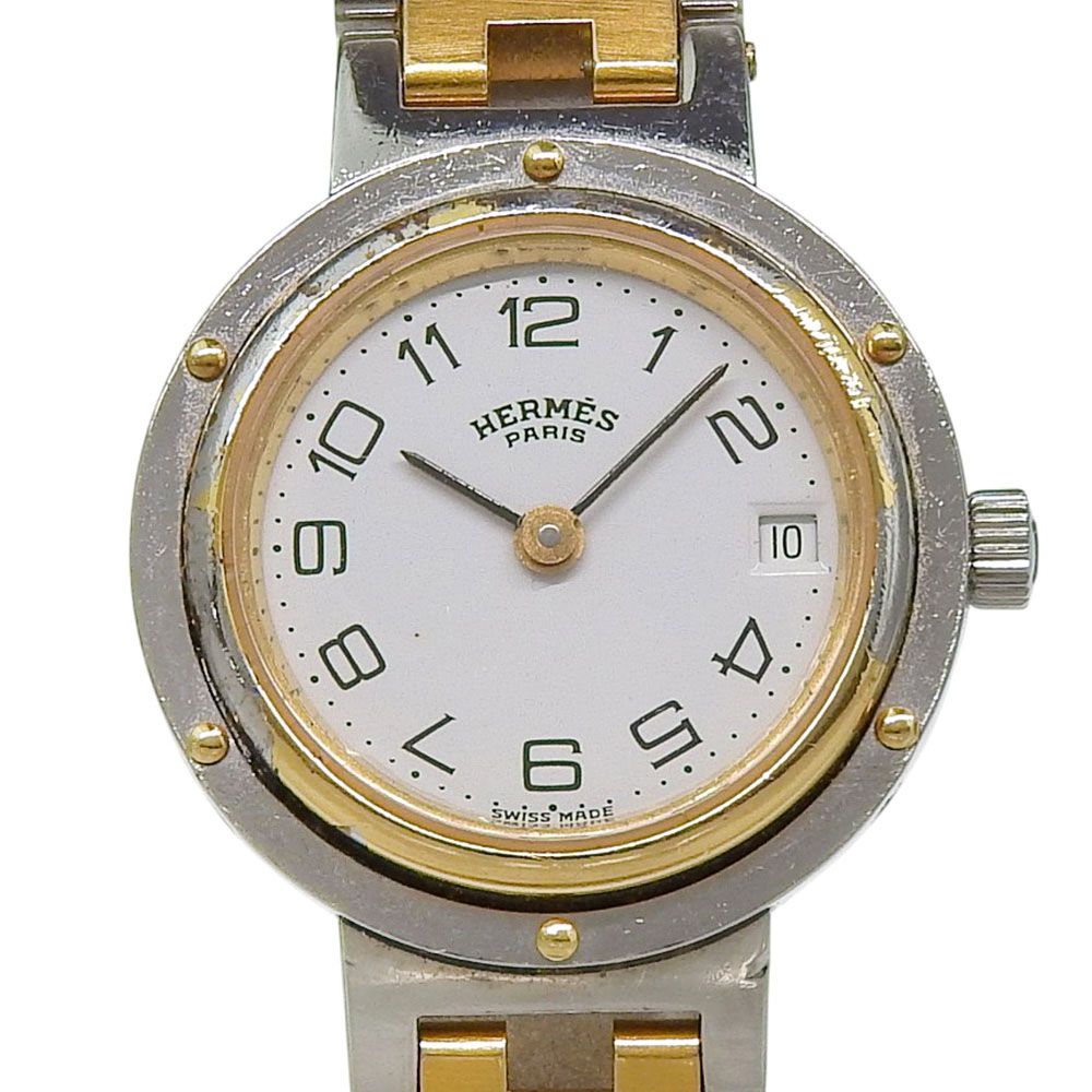 Hermes Clipper Stainless Steel Gold Plated Quartz Analog Display White Dial