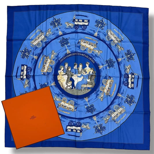 Hermes Silk Scarf Jeu Des Omnibus Et Dames Blanches And White Game Blue