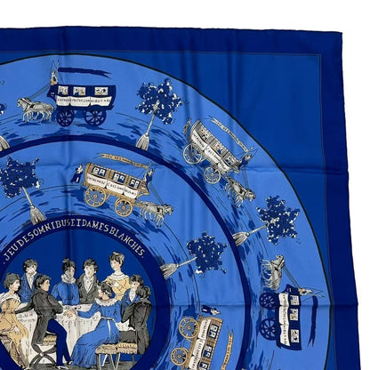 Hermes Silk Scarf Jeu Des Omnibus Et Dames Blanches And White Game Blue — view 5