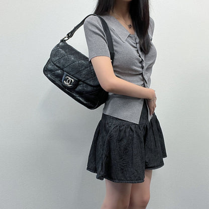 Chanel Wild Stitch CC Logo Shoulder Bag Leather Black Silver Vintage