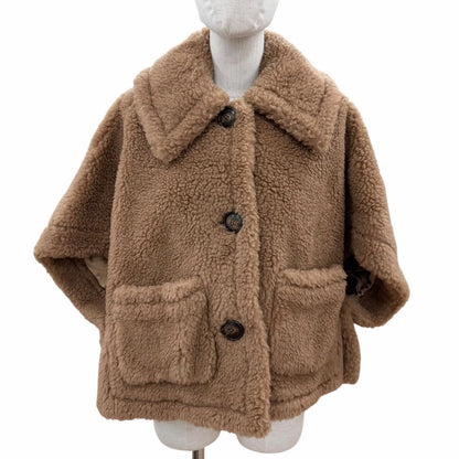 Max Mara Teddy Bear Camel Silk Fleece Cape Poncho Coat Brown SM