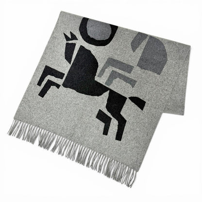 Hermes Velki Love Cashmere Logo Leather Patch Large Shawl Scarf Gray