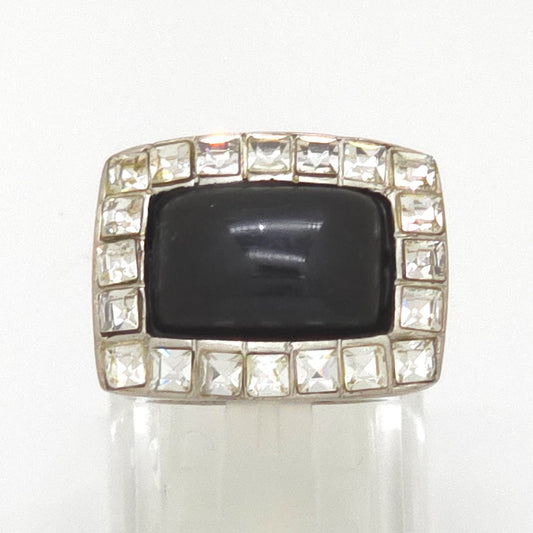 Chanel CC Logo Square Ring Rhinestone Black Color Resin Silver Metal Vintage