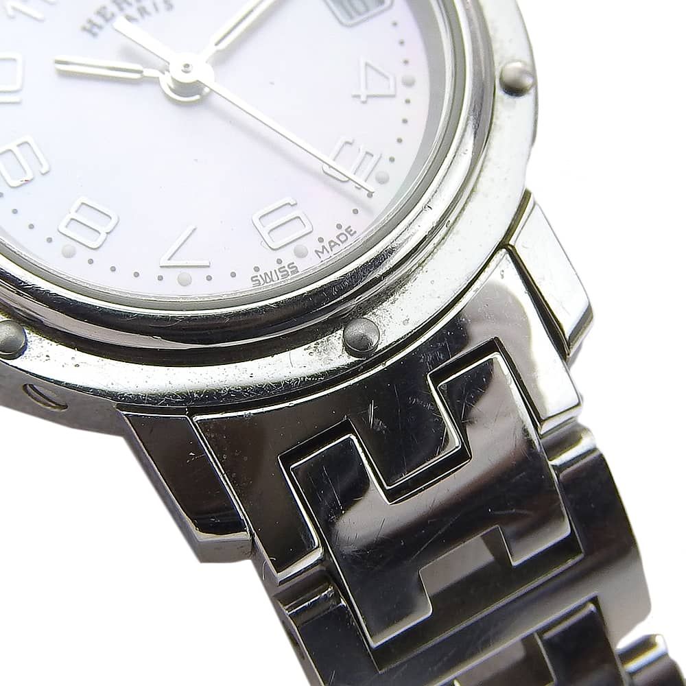 Hermes Clipper Cles Stainless Steel Silver Quartz Analog Display Pink Shell — view 7
