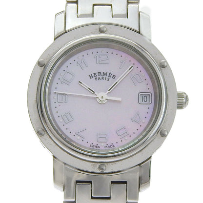 Hermes Clipper Cles Stainless Steel Silver Quartz Analog Display Pink Shell