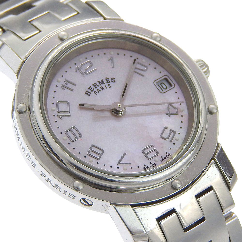 Hermes Clipper Cles Stainless Steel Silver Quartz Analog Display Pink Shell — view 3