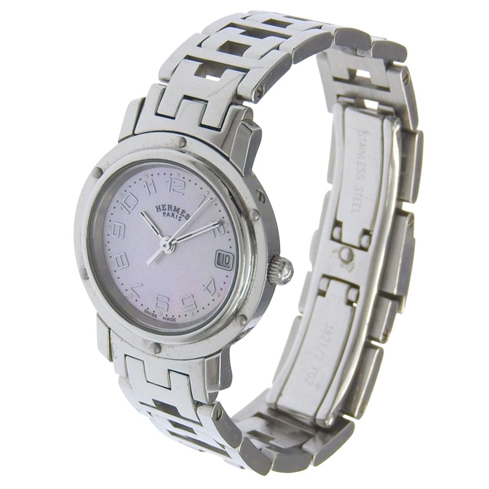 Hermes Clipper Cles Stainless Steel Silver Quartz Analog Display Pink Shell — view 2