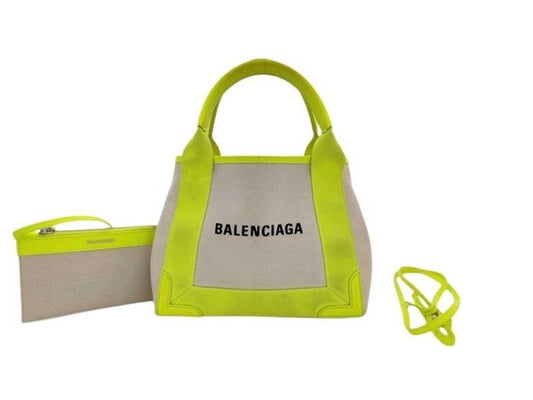 Balenciaga Handbag Navy Cabas XS Yellow Beige Canvas Leather 2-Way
