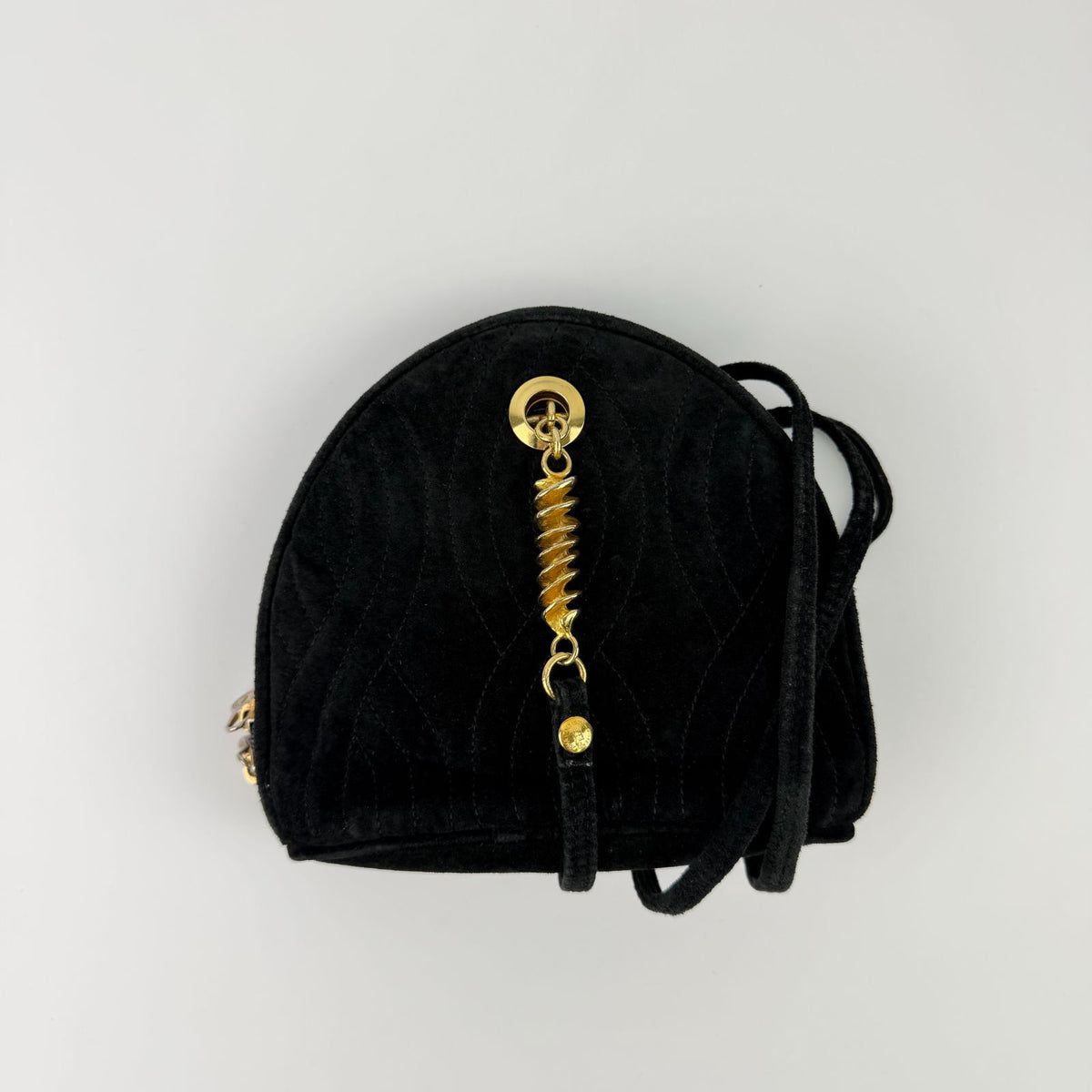 Fendi Logo Charm Mini Shoulder Bag Suede Leather Black Gold Vintage — view 2