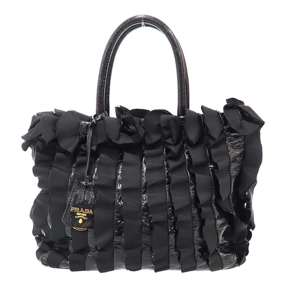 Prada Tessuto Vernice Frill Handbag Black
