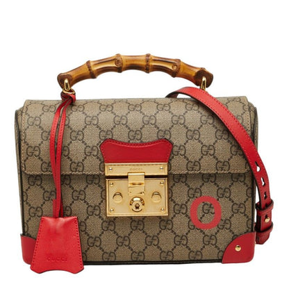 Gucci GG Small Bamboo Chain Shoulder Bag 2-Way Beige Red Leather