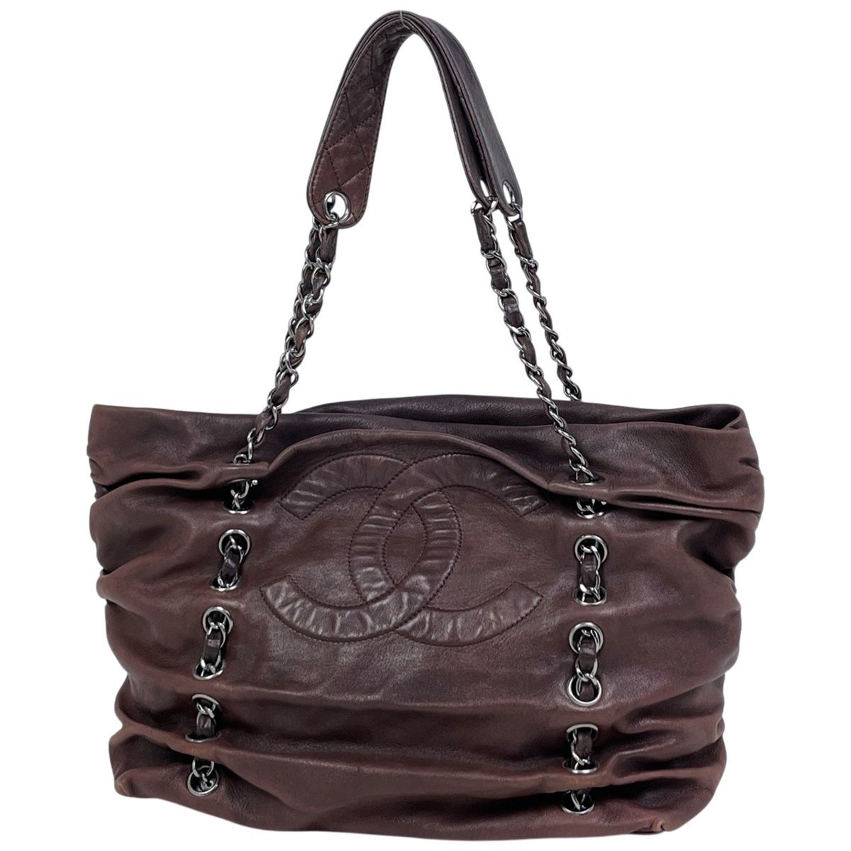 Chanel CC Logo Chain Tote Shoulder Bag Leather Brown
