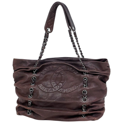 Chanel CC Logo Chain Tote Shoulder Bag Leather Brown
