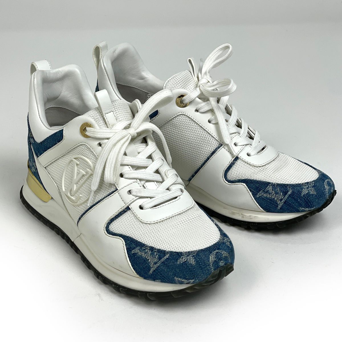 Louis Vuitton Run Away Sneakers Monogram LV Shoes Denim Leather White Blue — view 7