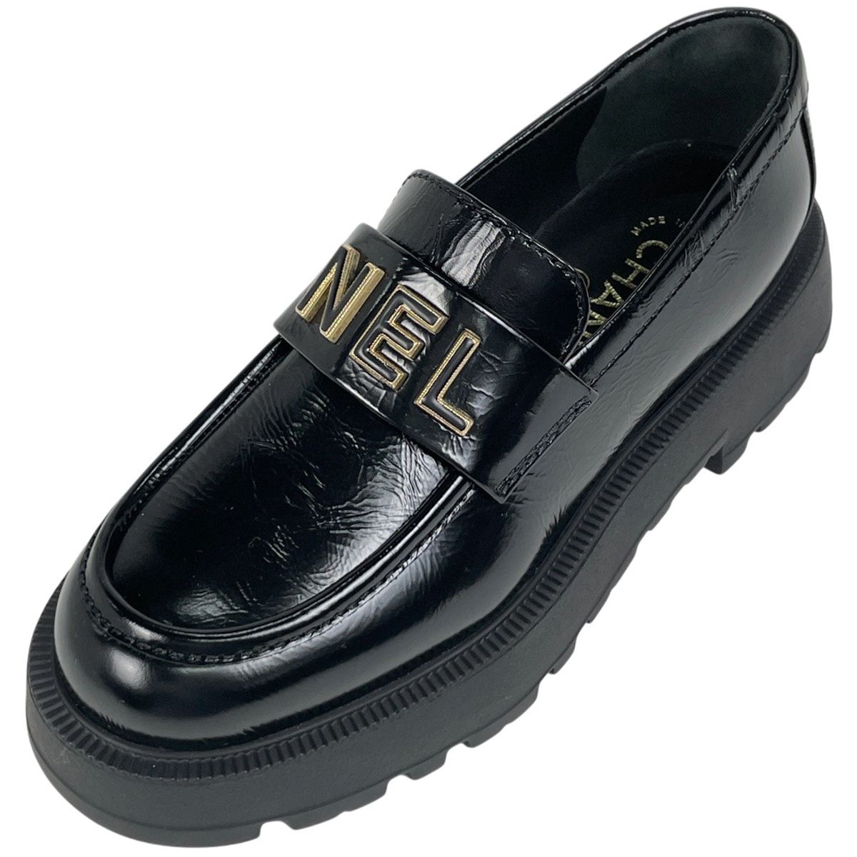 Chanel CC Logo Loafers Platform Shoes Leather Black