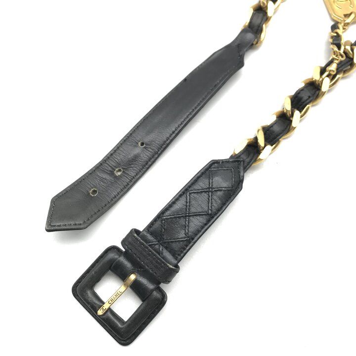 Chanel Logo Plate Gold Vintage Leather Chain Belt Black — view 6