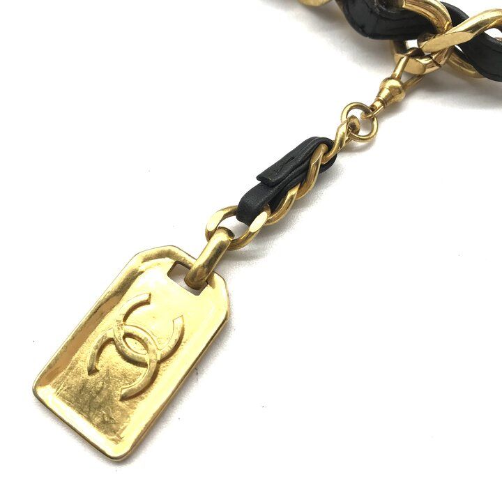 Chanel Logo Plate Gold Vintage Leather Chain Belt Black — view 8