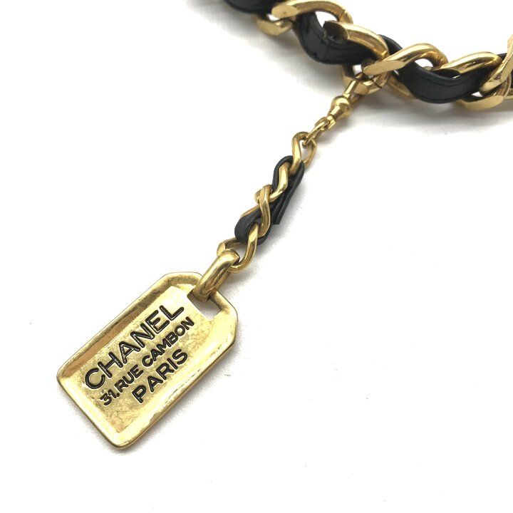 Chanel Logo Plate Gold Vintage Leather Chain Belt Black — view 7