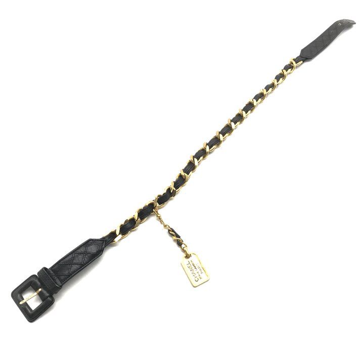 Chanel Logo Plate Gold Vintage Leather Chain Belt Black — view 2