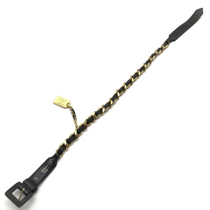 Chanel Logo Plate Gold Vintage Leather Chain Belt Black — view 3