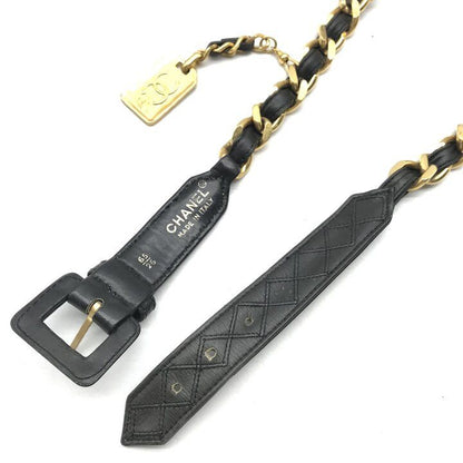 Chanel Logo Plate Gold Vintage Leather Chain Belt Black — view 4