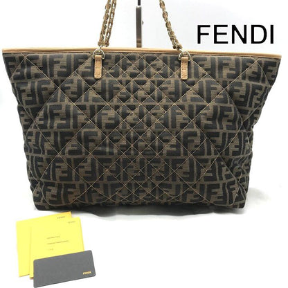 Fendi Zucca Canvas Leather Quilted Tote Bag Brown
