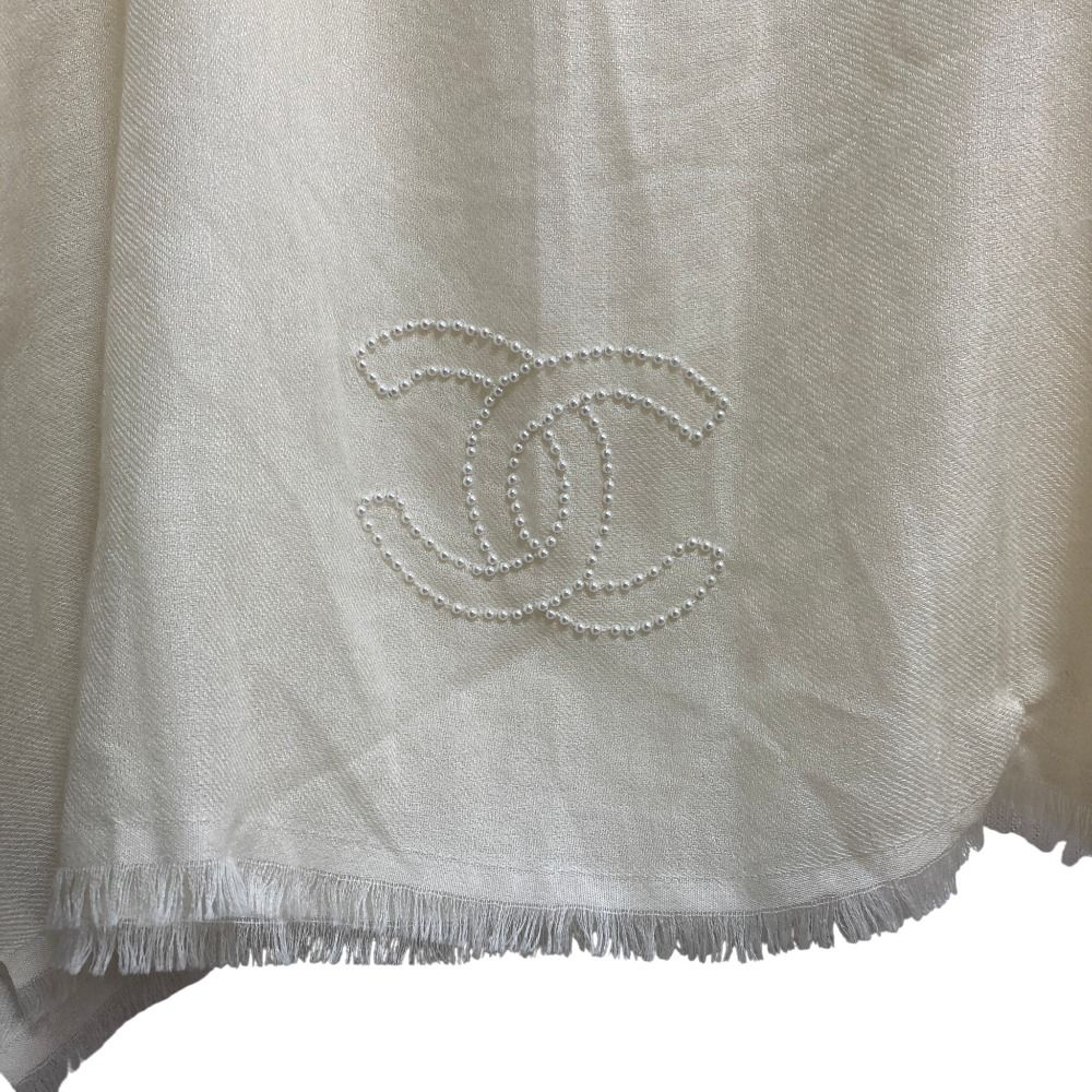 Chanel Pearl CC Logo Cashmere Large Shawl Ivory Scarf — view 3