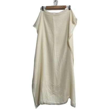 Chanel Pearl CC Logo Cashmere Large Shawl Ivory Scarf