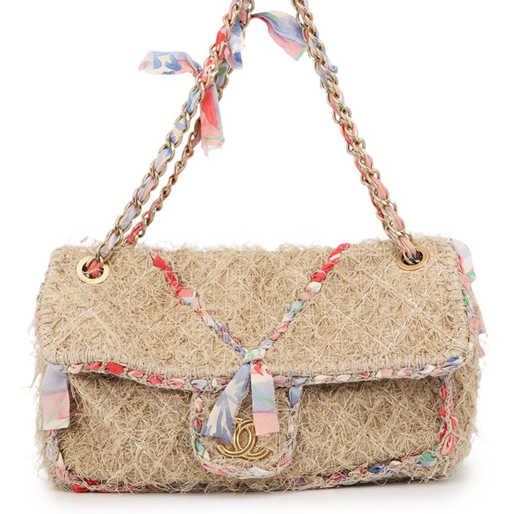 Chanel Chain Shoulder Bag Quilted 30 CC Logo Raffia Ribbon Double