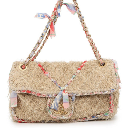 Chanel Chain Shoulder Bag Quilted 30 CC Logo Raffia Ribbon Double
