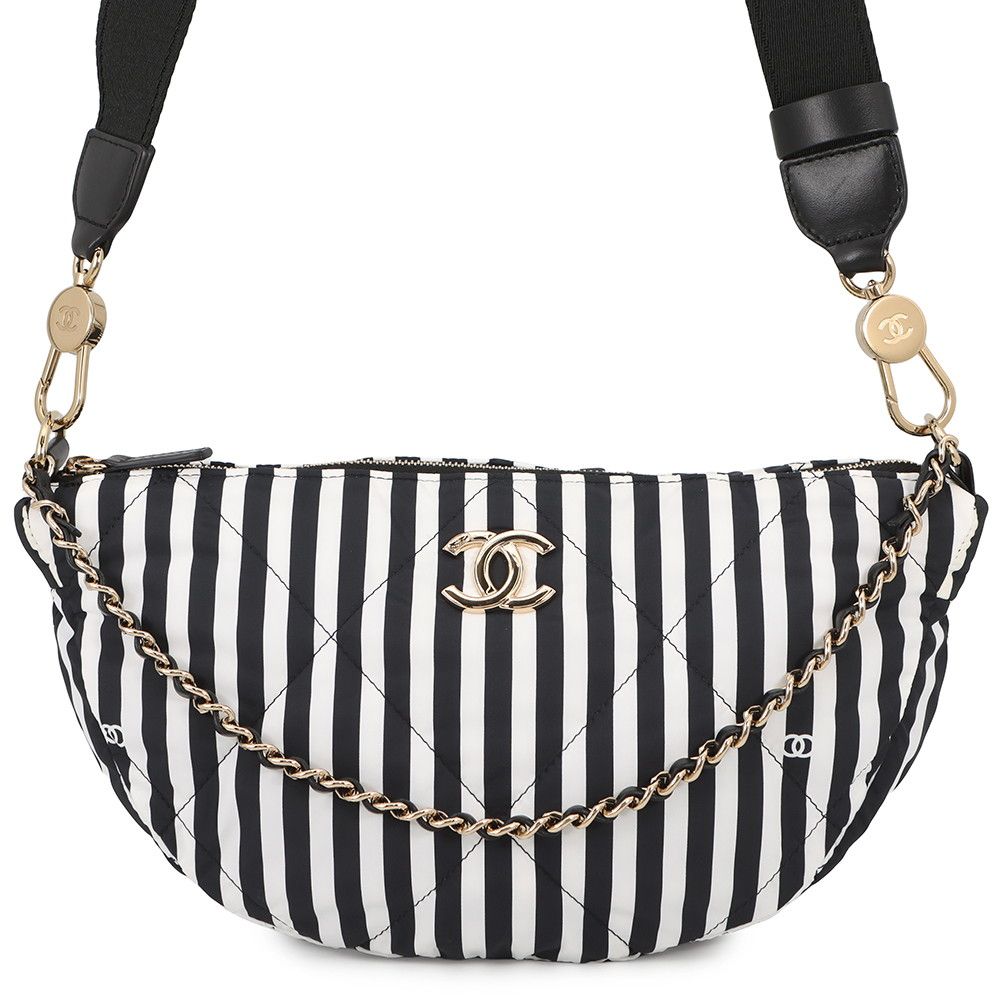 Chanel Shoulder Bag CC Logo Large Hobo Nylon 2-Way White Black