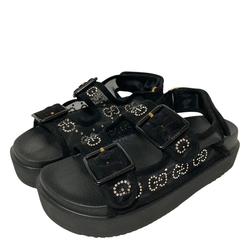 Gucci GG Logo Crystal Platform Sandals Black 35
