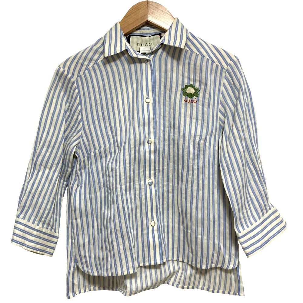 Gucci Michele Era Logo Embroidery Striped Pattern Linen Cotton Shirt Blouse 38