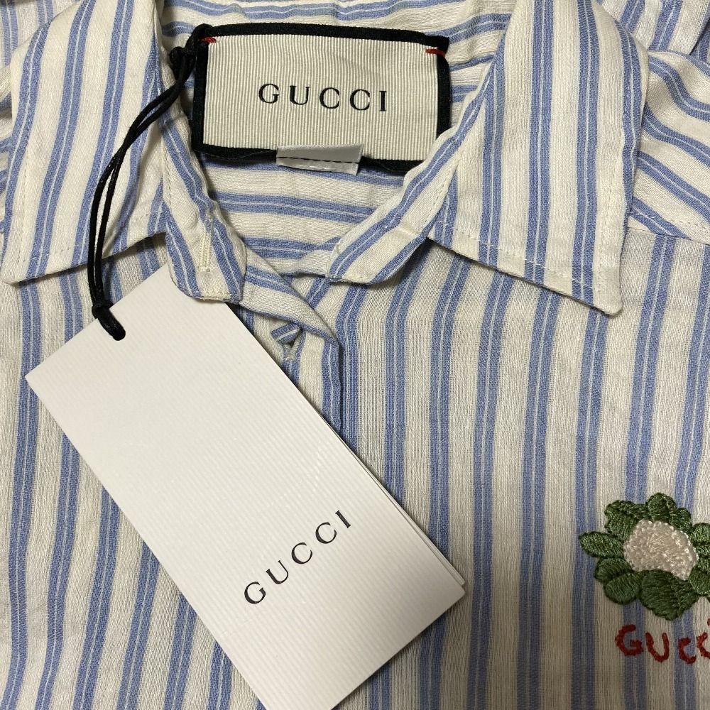 Gucci Michele Era Logo Embroidery Striped Pattern Linen Cotton Shirt Blouse 38 — view 7