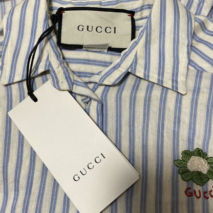 Gucci Michele Era Logo Embroidery Striped Pattern Linen Cotton Shirt Blouse 38 — view 7