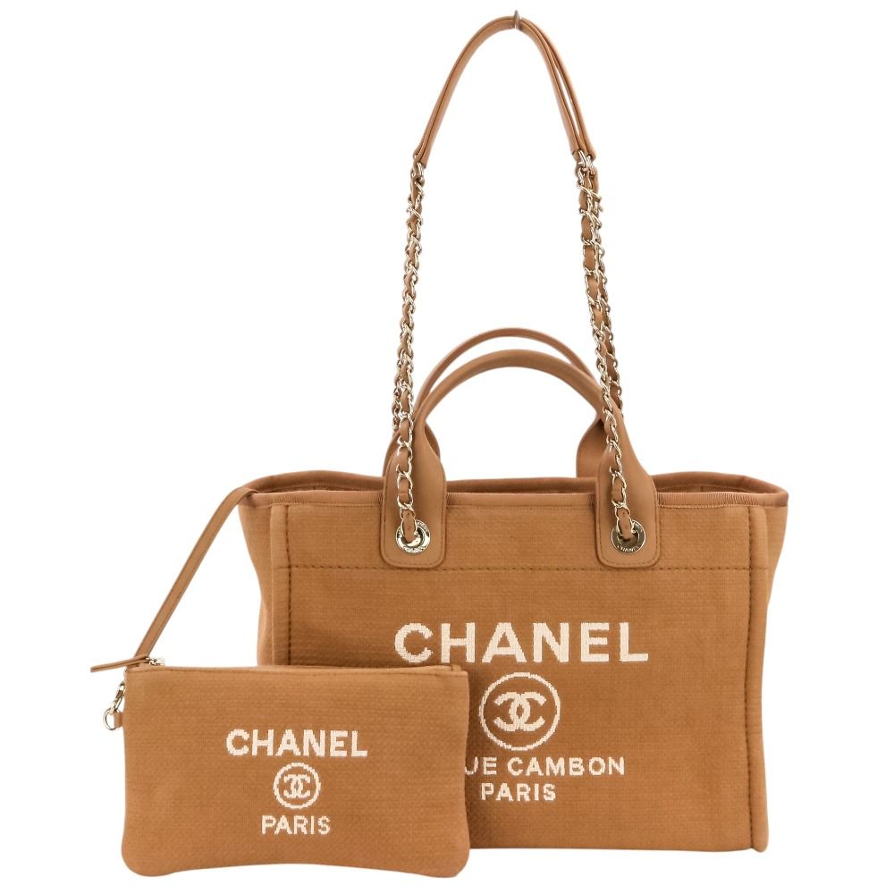 Chanel Deauville MM Tote Chain Shoulder Bag Pink Beige
