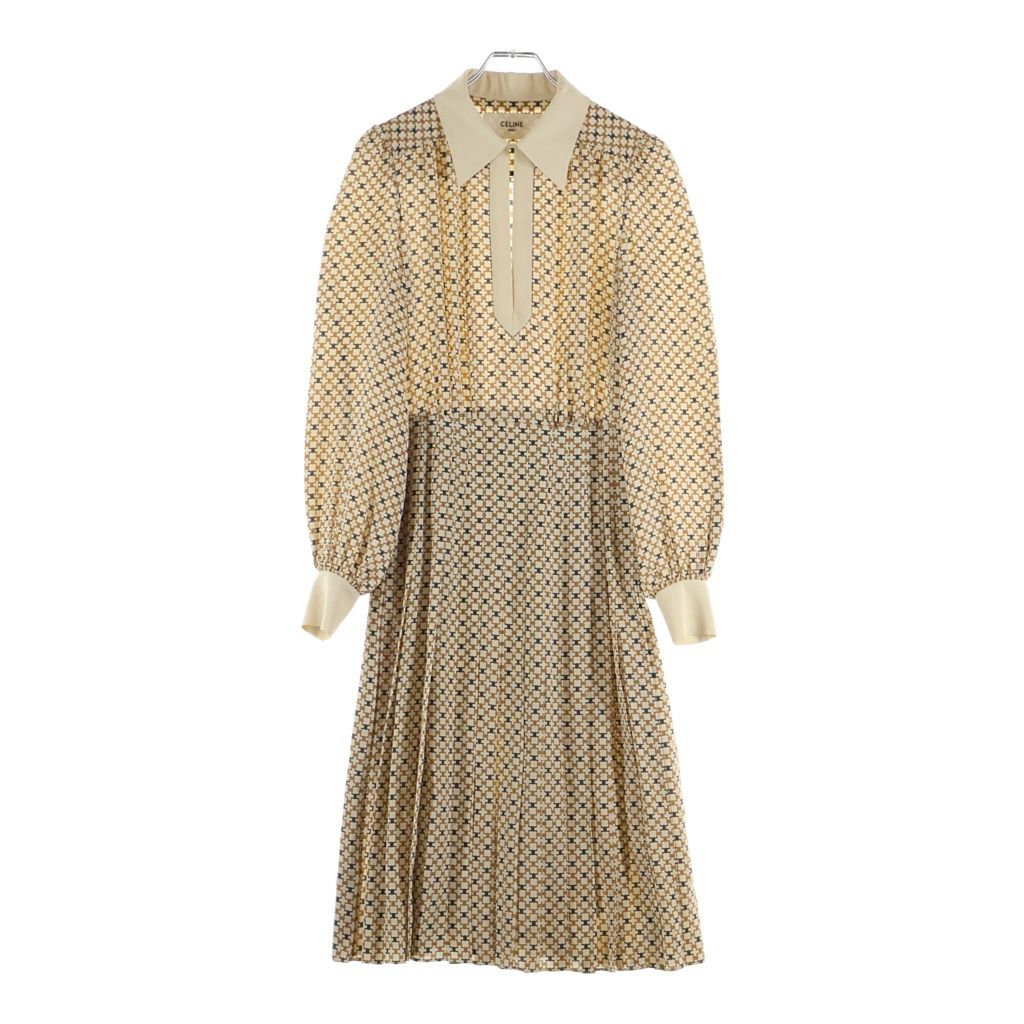 Celine Triomphe All Over Pattern Silk Pleated Long Dress Beige