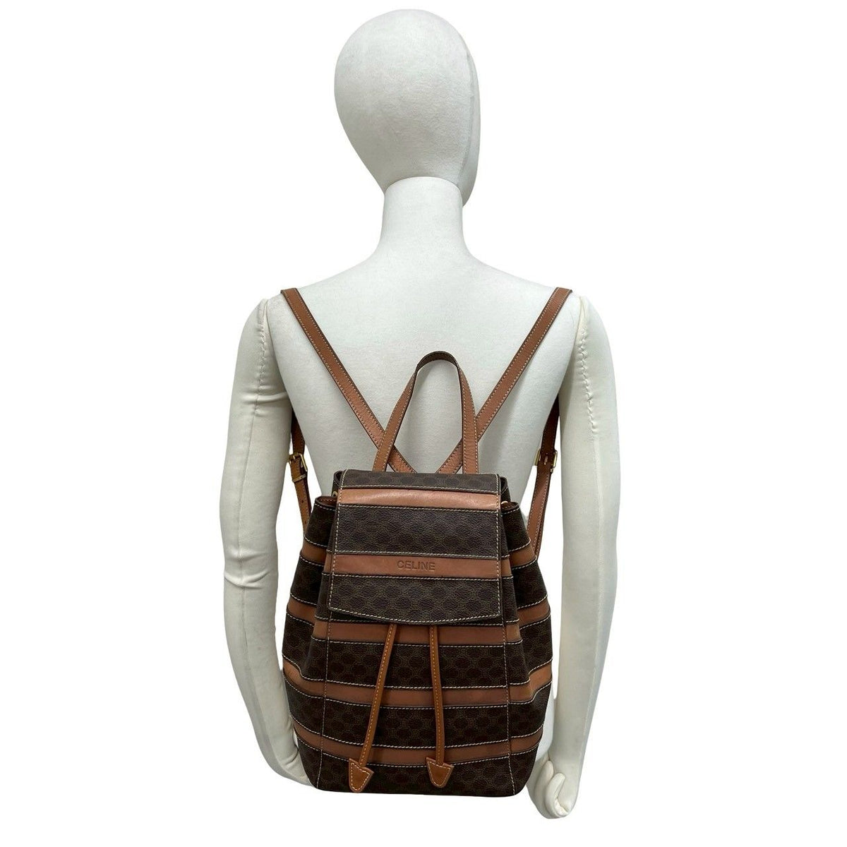 Celine Vintage Macadam Blason Triomphe Pattern Leather Drawstring Backpack Brown — view 2