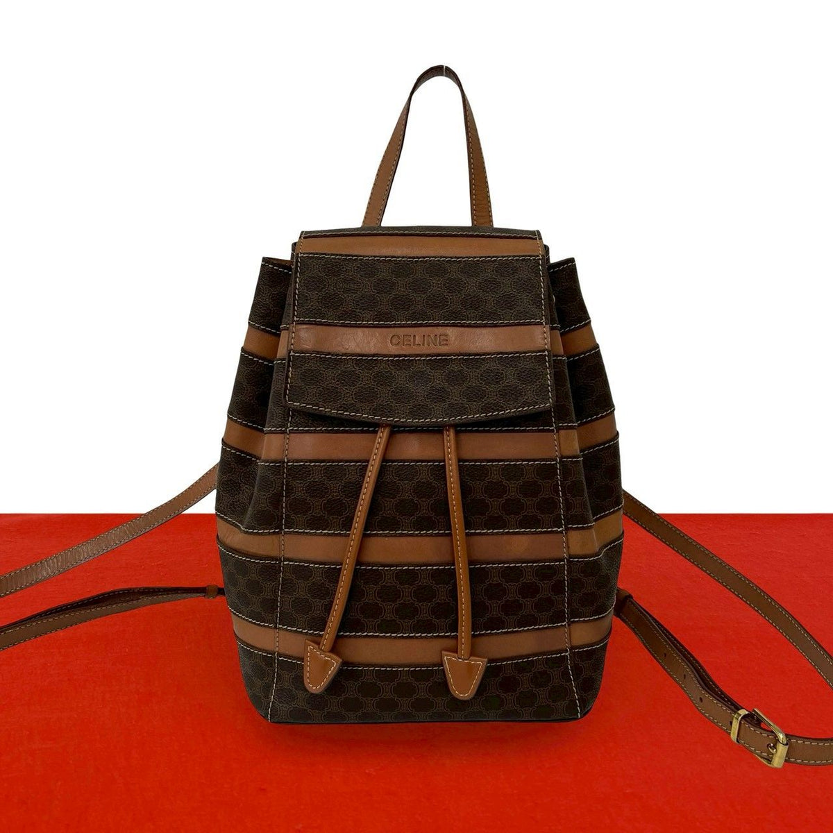 Celine Vintage Macadam Blason Triomphe Pattern Leather Drawstring Backpack Brown