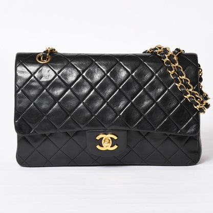 Chanel Quilted 25 Double Flap Chain Shoulder Bag CC Logo Lambskin Black Gold
