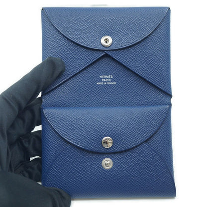 Hermes Calvi Duo Navy Coin Case Card Silver — view 6
